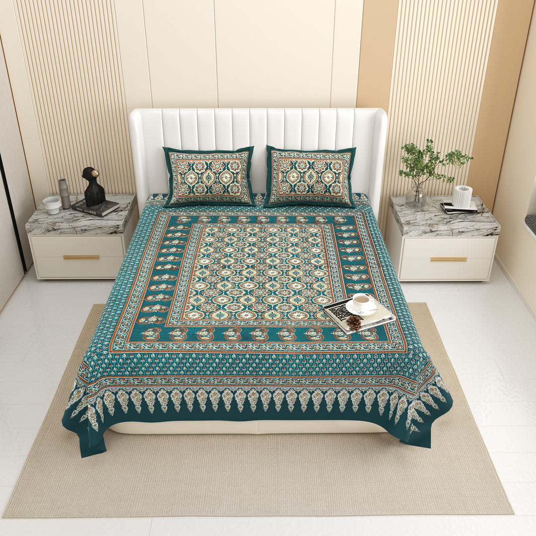 Bella Casa Fashion & Retail Ltd BEDSHEET 87 X 107 Inch / Green / Cotton Double King Size Bedsheet with 2 Pillow Covers Floral Motifs Printed Cotton Green Colour - Ethnic Collection