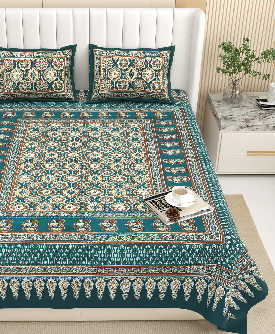 Bella Casa Fashion & Retail Ltd BEDSHEET 87 X 107 Inch / Green / Cotton Double King Size Bedsheet with 2 Pillow Covers Floral Motifs Printed Cotton Green Colour - Ethnic Collection