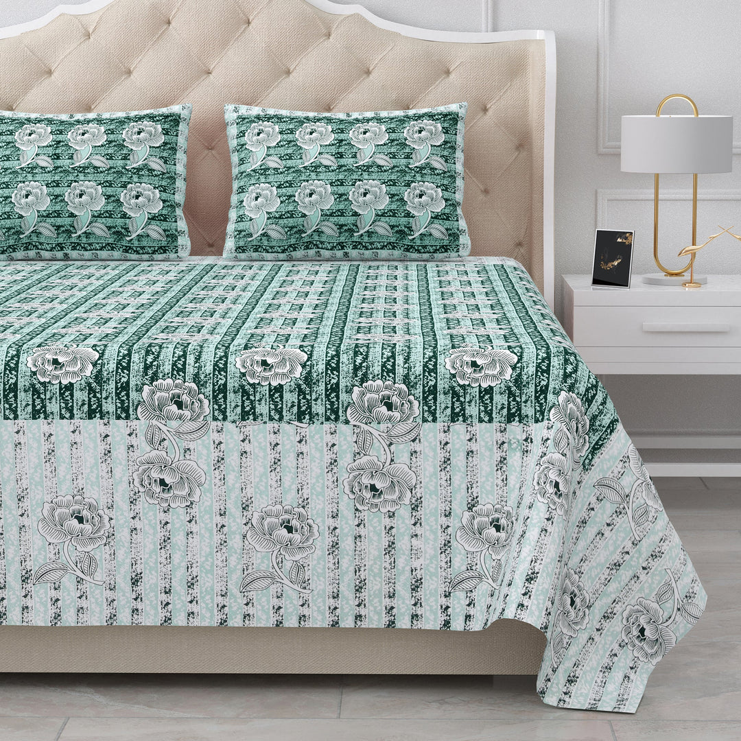 Bella Casa Fashion & Retail Ltd BEDSHEET 87 X 107 Inch / Green & Grey / Cotton Double King Size Bedsheet with 2 Pillow Covers Cotton Green & Grey Colour - Ethnic Collection