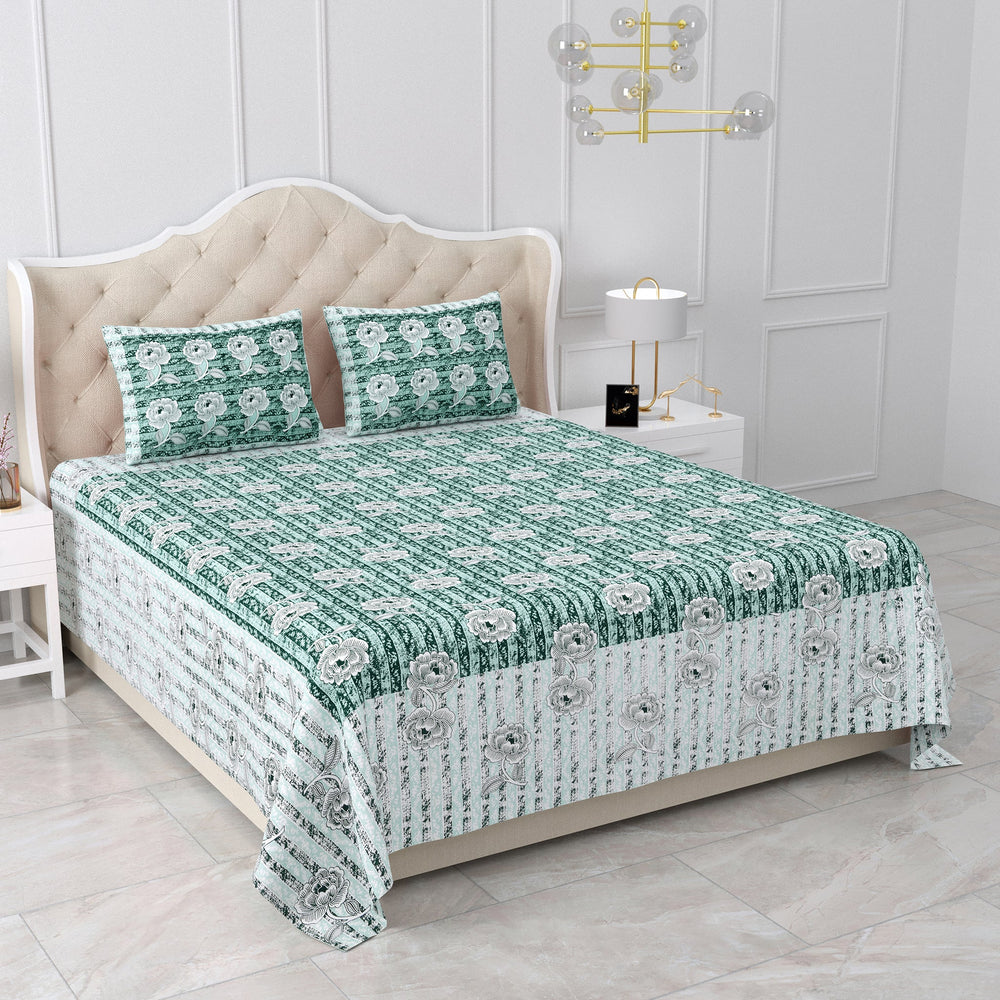 Bella Casa Fashion & Retail Ltd BEDSHEET 87 X 107 Inch / Green & Grey / Cotton Double King Size Bedsheet with 2 Pillow Covers Cotton Green & Grey Colour - Ethnic Collection