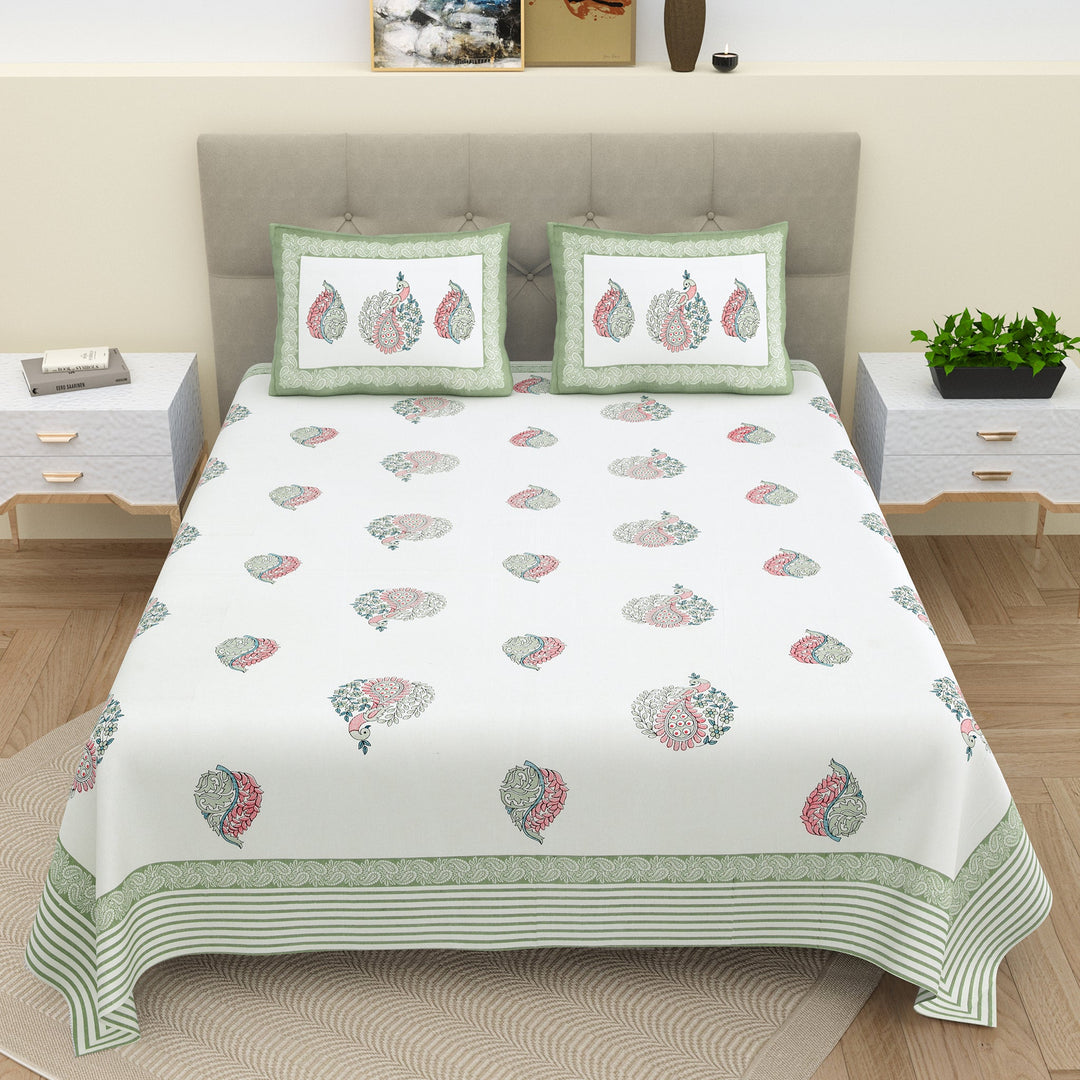 Bella Casa Fashion & Retail Ltd BEDSHEET 87 X 107 Inch / Green & Light Red / Cotton Double King Size Bedsheet with 2 Pillow Covers Cotton Green & Light Red Colour - Ethnic Collection