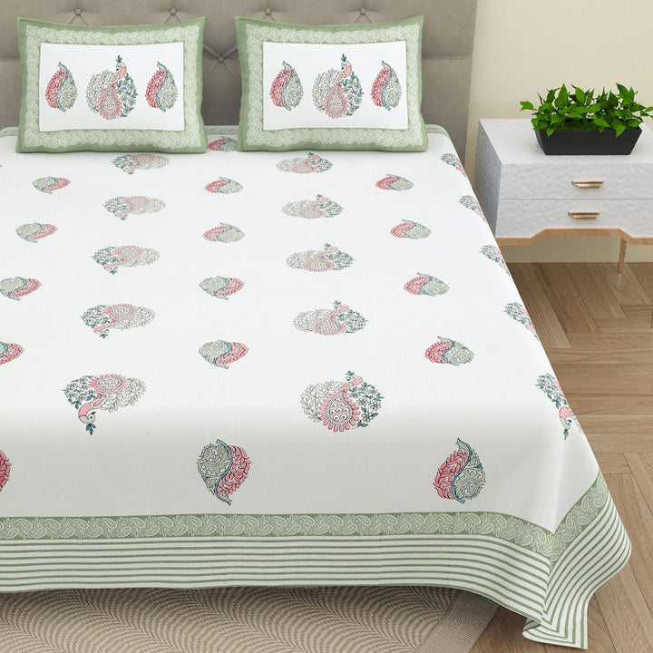 Bella Casa Fashion & Retail Ltd BEDSHEET 87 X 107 Inch / Green & Light Red / Cotton Double King Size Bedsheet with 2 Pillow Covers Cotton Green & Light Red Colour - Ethnic Collection