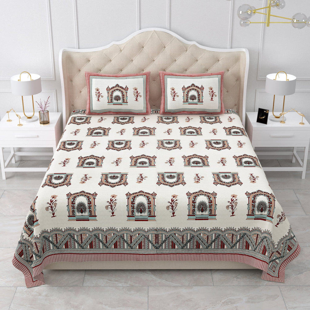 Bella Casa Fashion & Retail Ltd BEDSHEET 87 X 107 Inch / Green & Red / Cotton Double King Size Bedsheet with 2 Pillow Covers Cotton Green & Red Colour - Ethnic Collection