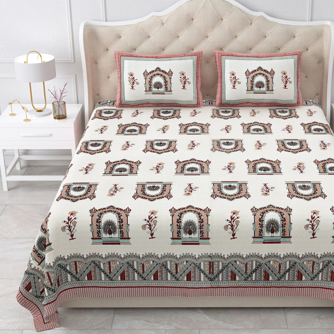 Bella Casa Fashion & Retail Ltd BEDSHEET 87 X 107 Inch / Green & Red / Cotton Double King Size Bedsheet with 2 Pillow Covers Cotton Green & Red Colour - Ethnic Collection