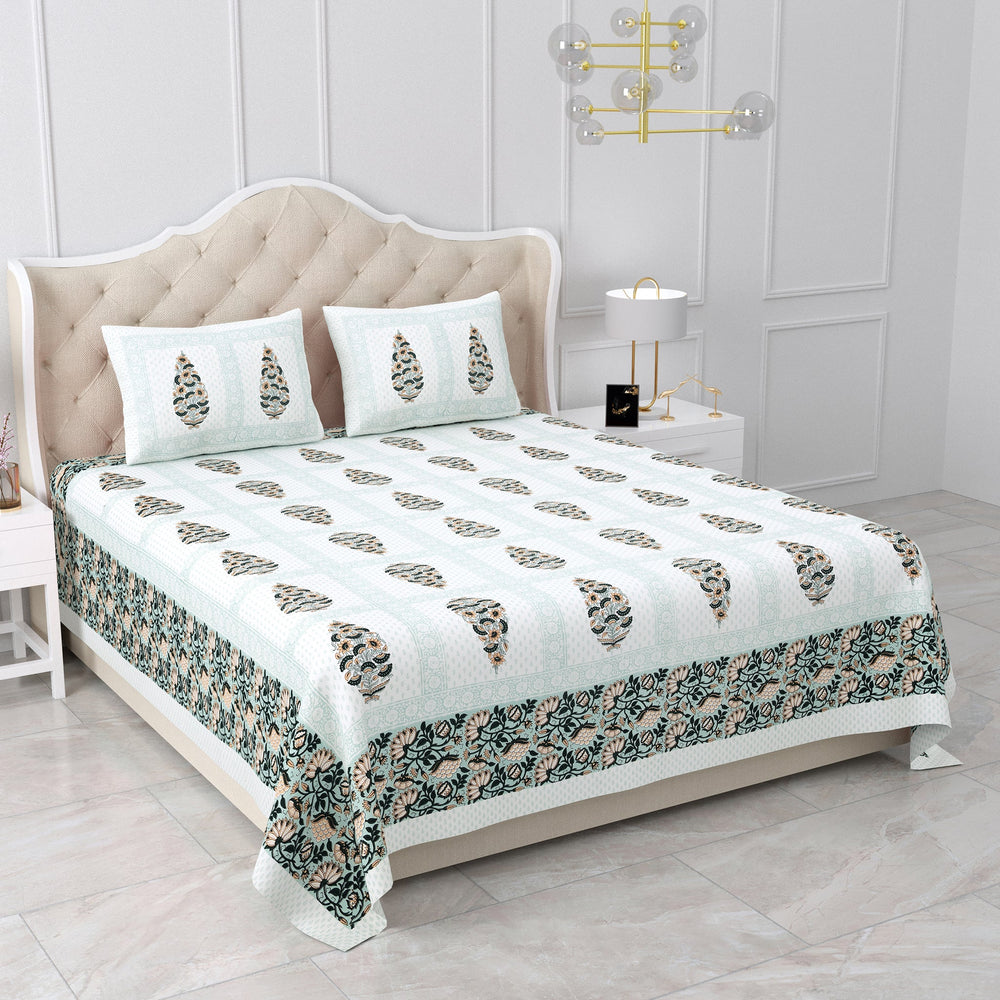 Bella Casa Fashion & Retail Ltd BEDSHEET 87 X 107 Inch / Green & White / Cotton Double King Size Bedsheet with 2 Pillow Covers Cotton Green & White Colour - Ethnic Collection