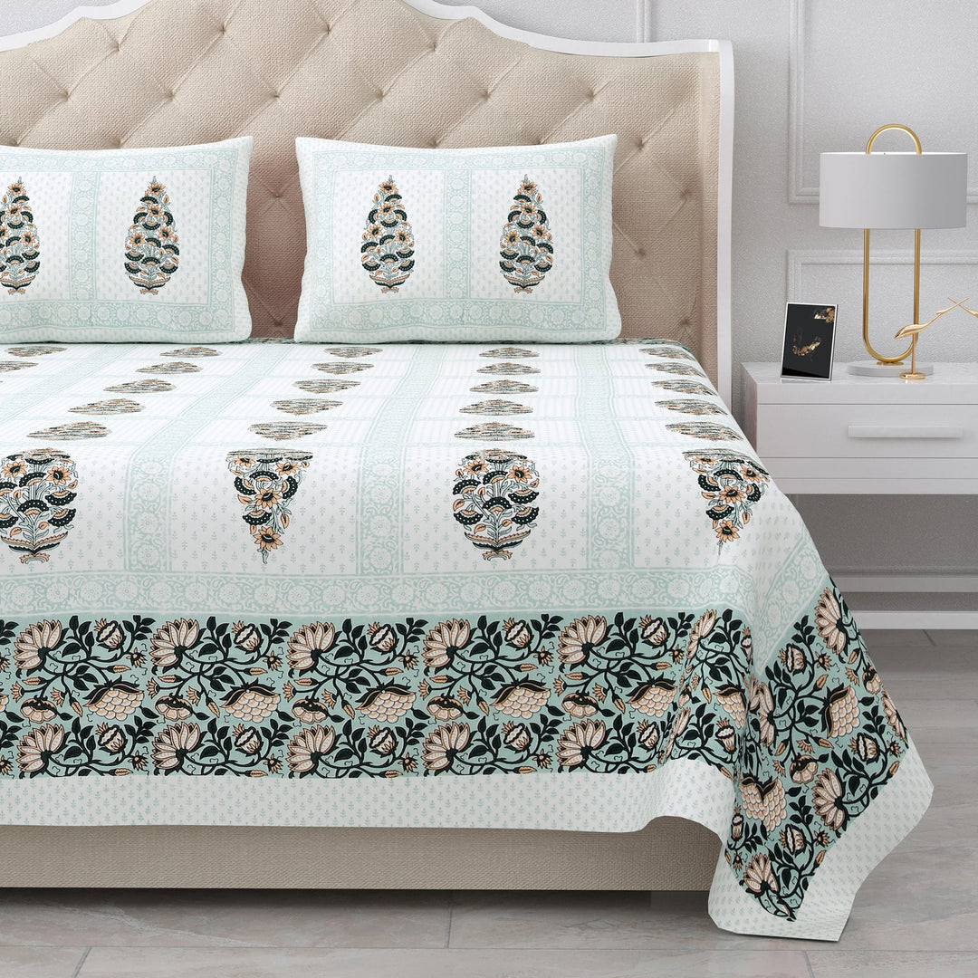 Bella Casa Fashion & Retail Ltd BEDSHEET 87 X 107 Inch / Green & White / Cotton Double King Size Bedsheet with 2 Pillow Covers Cotton Green & White Colour - Ethnic Collection