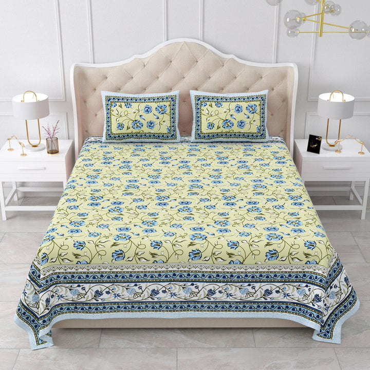 Bella Casa Fashion & Retail Ltd BEDSHEET 87 X 107 Inch / Green & White / Cotton Double King Size Bedsheet with 2 Pillow Covers Cotton Green & White Colour - Ethnic Collection
