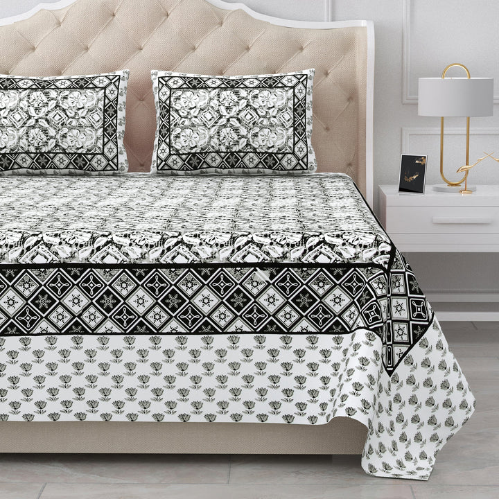 Bella Casa Fashion & Retail Ltd BEDSHEET 87 X 107 Inch / Grey & Black / Cotton Double King Size Bedsheet with 2 Pillow Covers Cotton Grey & Black Colour - Ethnic Collection