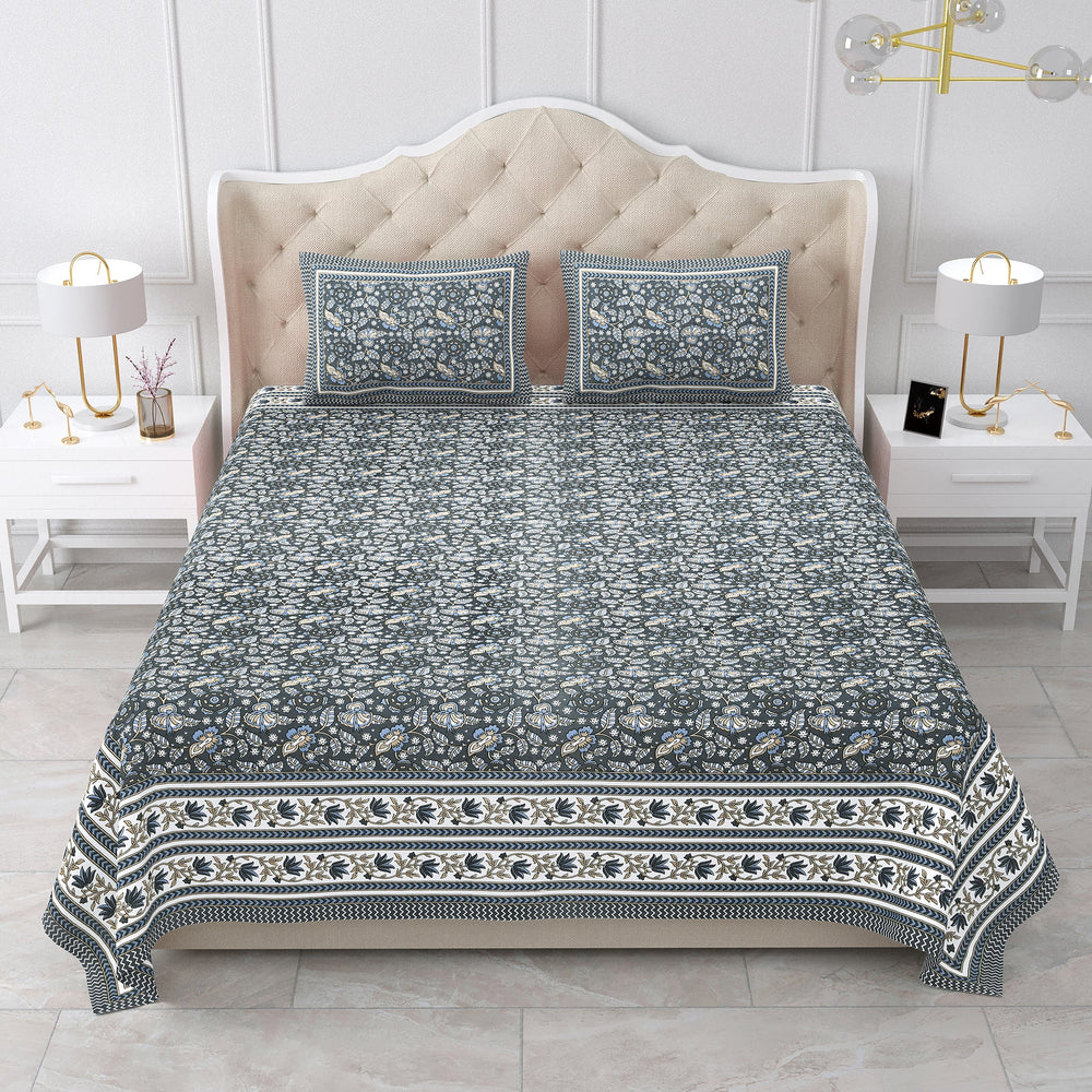 Bella Casa Fashion & Retail Ltd BEDSHEET 87 X 107 Inch / Grey / Cotton Double King Size Bedsheet with 2 Pillow Covers Cotton Grey Colour - Ethnic Collection