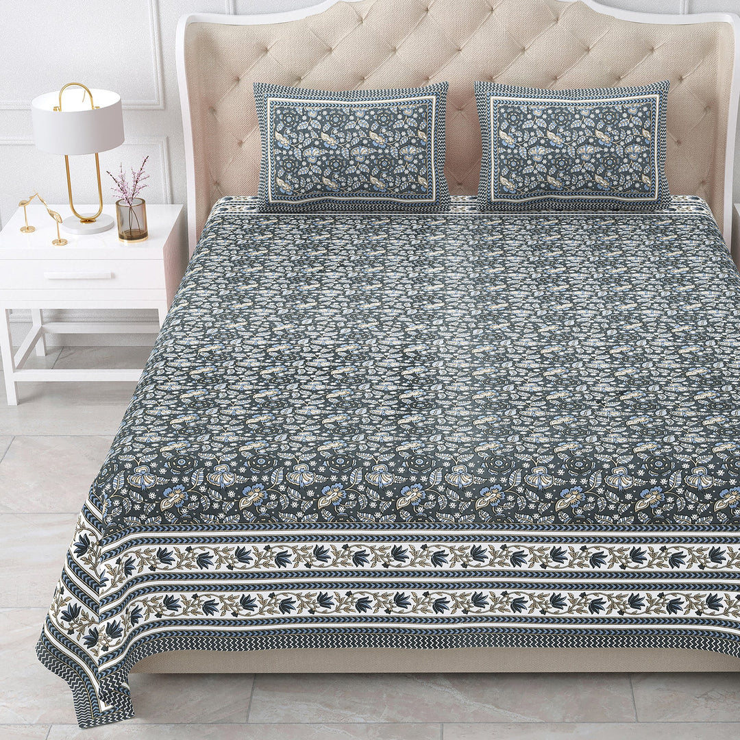Bella Casa Fashion & Retail Ltd BEDSHEET 87 X 107 Inch / Grey / Cotton Double King Size Bedsheet with 2 Pillow Covers Cotton Grey Colour - Ethnic Collection