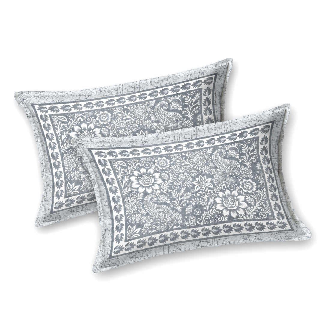 Bella Casa Fashion & Retail Ltd BEDSHEET 87 X 107 Inch / Grey / Cotton Double King Size Bedsheet with 2 Pillow Covers Floral Motifs Printed Cotton Grey Colour - Ethnic Collection