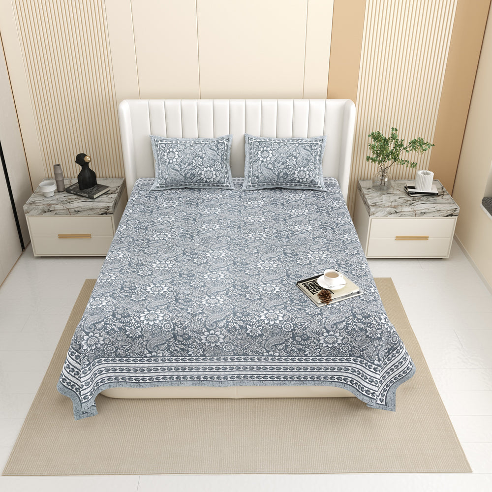 Bella Casa Fashion & Retail Ltd BEDSHEET 87 X 107 Inch / Grey / Cotton Double King Size Bedsheet with 2 Pillow Covers Floral Motifs Printed Cotton Grey Colour - Ethnic Collection