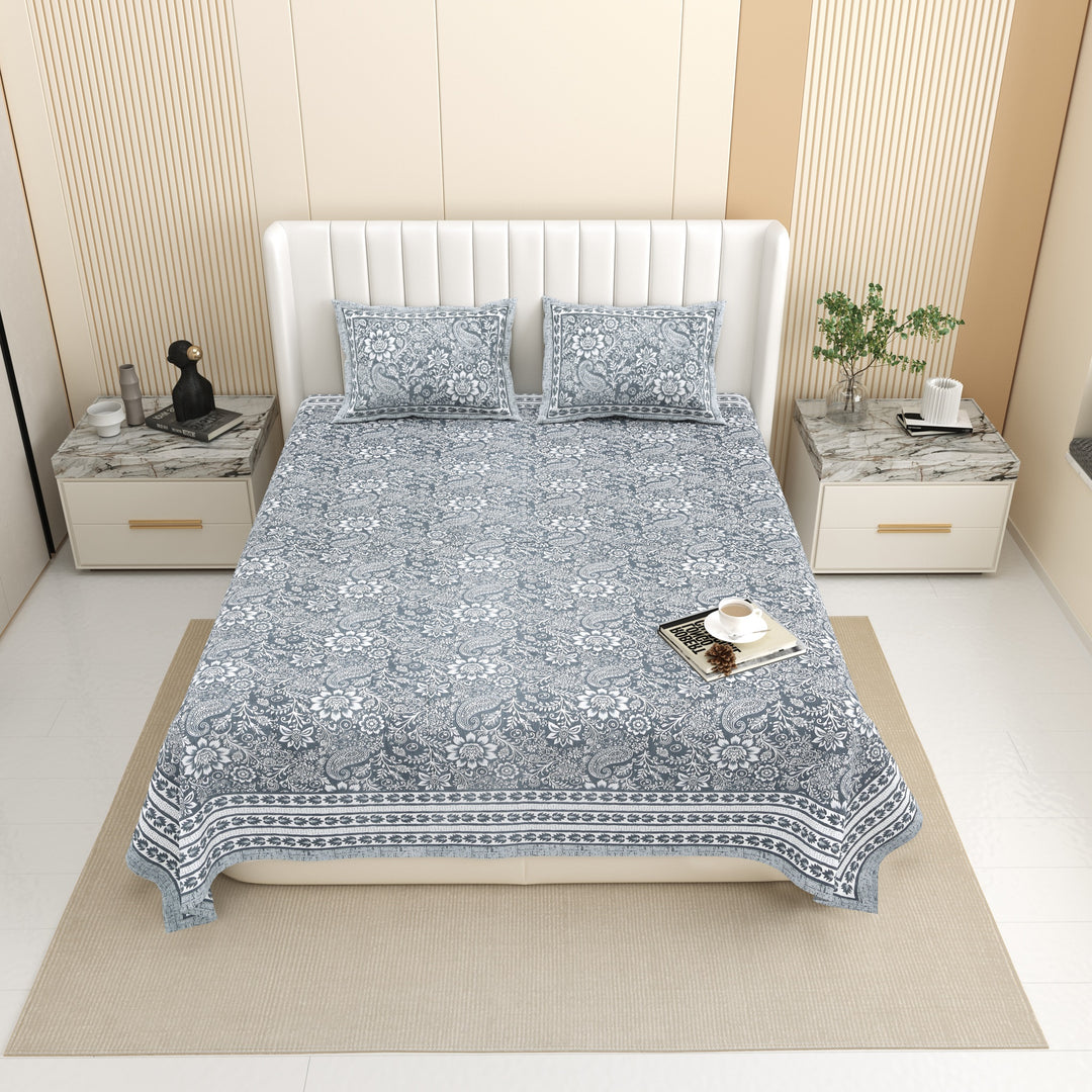 Bella Casa Fashion & Retail Ltd BEDSHEET 87 X 107 Inch / Grey / Cotton Double King Size Bedsheet with 2 Pillow Covers Floral Motifs Printed Cotton Grey Colour - Ethnic Collection