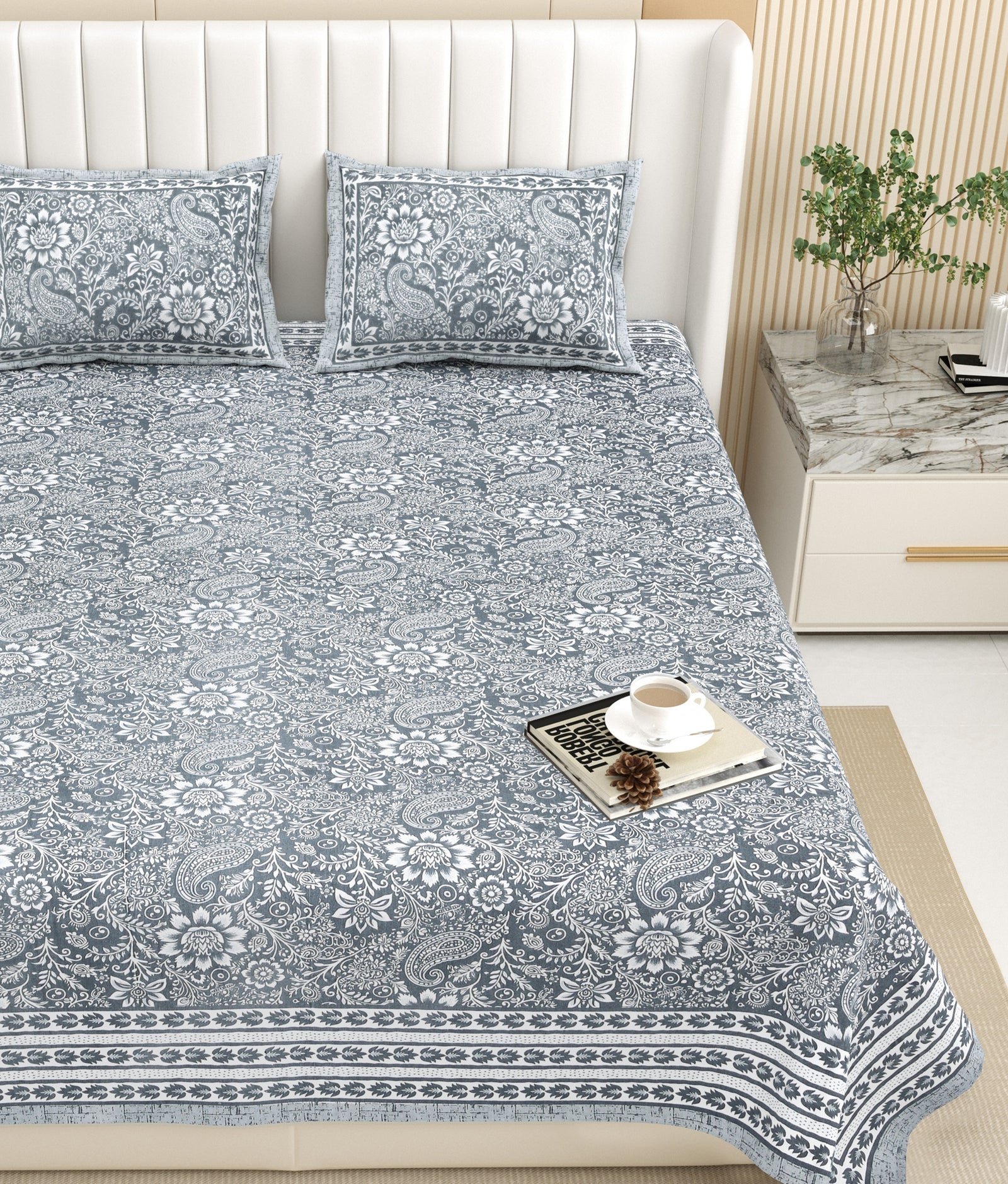 Bella Casa Fashion & Retail Ltd BEDSHEET 87 X 107 Inch / Grey / Cotton Double King Size Bedsheet with 2 Pillow Covers Floral Motifs Printed Cotton Grey Colour - Ethnic Collection
