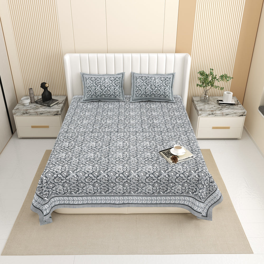 Bella Casa Fashion & Retail Ltd BEDSHEET 87 X 107 Inch / Grey / Cotton Double King Size Bedsheet with 2 Pillow Covers Floral Motifs Printed Cotton Grey Colour - Ethnic Collection