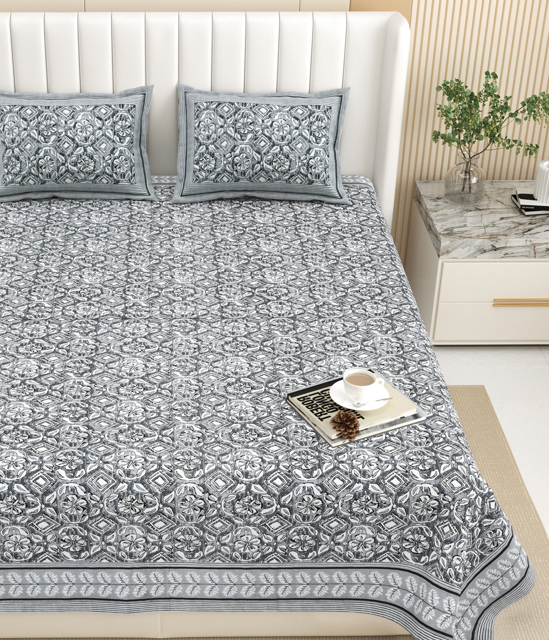 Bella Casa Fashion & Retail Ltd BEDSHEET 87 X 107 Inch / Grey / Cotton Double King Size Bedsheet with 2 Pillow Covers Floral Motifs Printed Cotton Grey Colour - Ethnic Collection