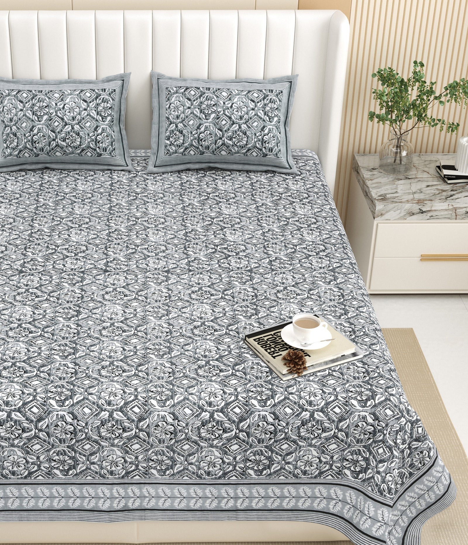 Bella Casa Fashion & Retail Ltd BEDSHEET 87 X 107 Inch / Grey / Cotton Double King Size Bedsheet with 2 Pillow Covers Floral Motifs Printed Cotton Grey Colour - Ethnic Collection