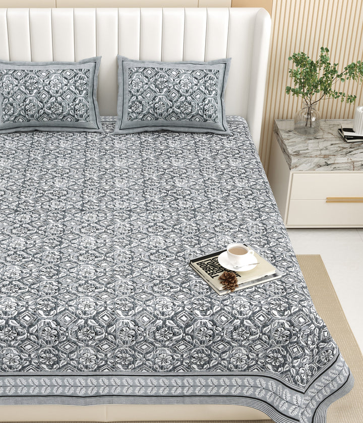 Bella Casa Fashion & Retail Ltd BEDSHEET 87 X 107 Inch / Grey / Cotton Double King Size Bedsheet with 2 Pillow Covers Floral Motifs Printed Cotton Grey Colour - Ethnic Collection