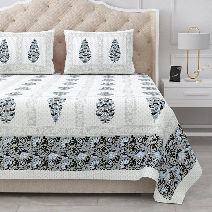 Bella Casa Fashion & Retail Ltd BEDSHEET 87 X 107 Inch / Grey & White / Cotton Double King Size Bedsheet with 2 Pillow Covers Cotton Grey & White Colour - Ethnic Collection