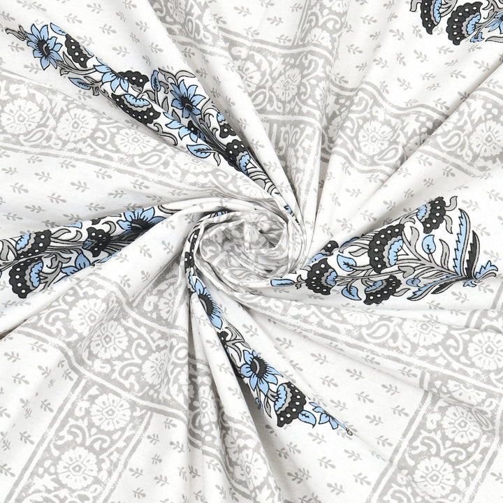 Bella Casa Fashion & Retail Ltd BEDSHEET 87 X 107 Inch / Grey & White / Cotton Double King Size Bedsheet with 2 Pillow Covers Cotton Grey & White Colour - Ethnic Collection