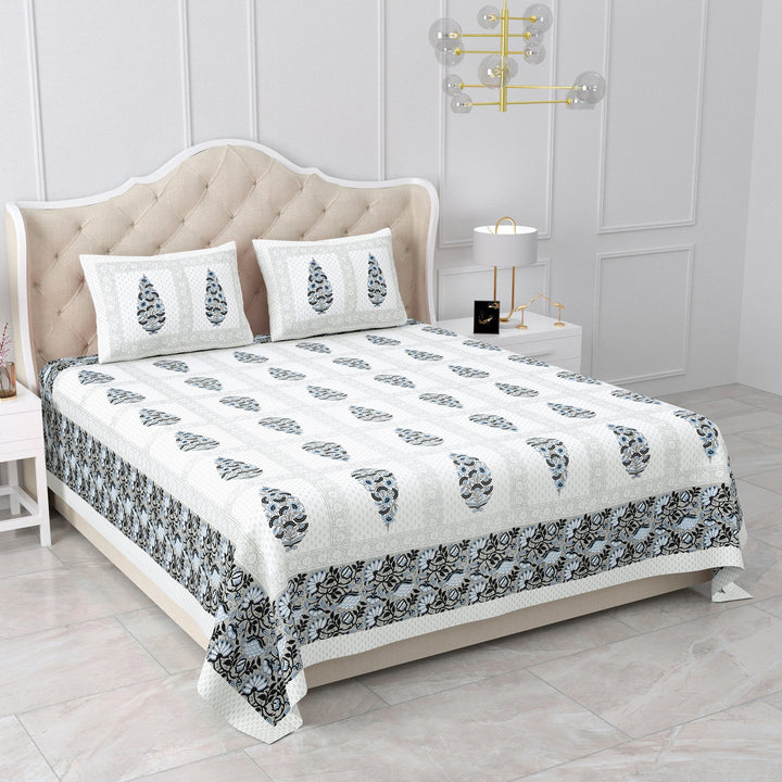 Bella Casa Fashion & Retail Ltd BEDSHEET 87 X 107 Inch / Grey & White / Cotton Double King Size Bedsheet with 2 Pillow Covers Cotton Grey & White Colour - Ethnic Collection