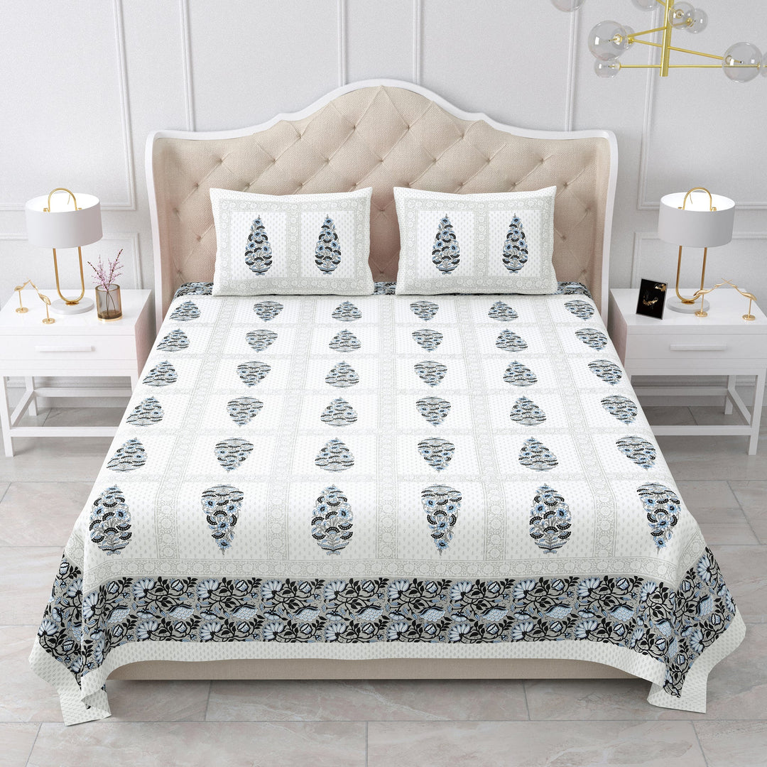 Bella Casa Fashion & Retail Ltd BEDSHEET 87 X 107 Inch / Grey & White / Cotton Double King Size Bedsheet with 2 Pillow Covers Cotton Grey & White Colour - Ethnic Collection