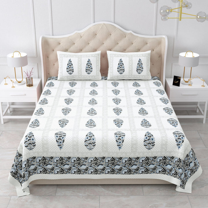 Bella Casa Fashion & Retail Ltd BEDSHEET 87 X 107 Inch / Grey & White / Cotton Double King Size Bedsheet with 2 Pillow Covers Cotton Grey & White Colour - Ethnic Collection