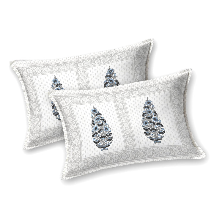 Bella Casa Fashion & Retail Ltd BEDSHEET 87 X 107 Inch / Grey & White / Cotton Double King Size Bedsheet with 2 Pillow Covers Cotton Grey & White Colour - Ethnic Collection