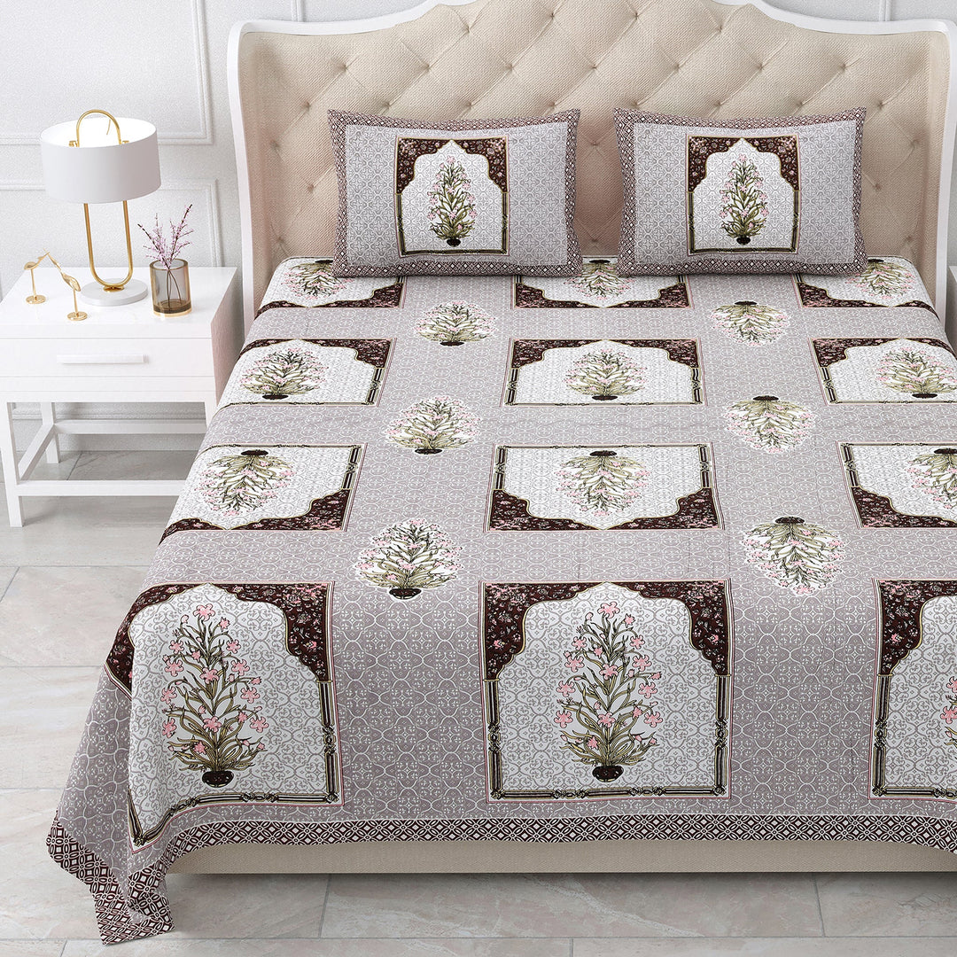 Bella Casa Fashion & Retail Ltd BEDSHEET 87 X 107 Inch / Maroon & Peach / Cotton Double King Size Bedsheet with 2 Pillow Covers Cotton Maroon & Peach Colour - Ethnic Collection