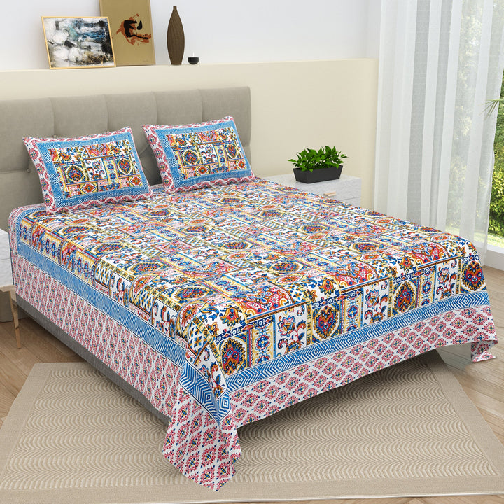 Bella Casa Fashion & Retail Ltd BEDSHEET 87 X 107 Inch / Multi Colour / Cotton Double King Size Bedsheet with 2 Pillow Covers Cotton Multi Colour - Ethnic Collection