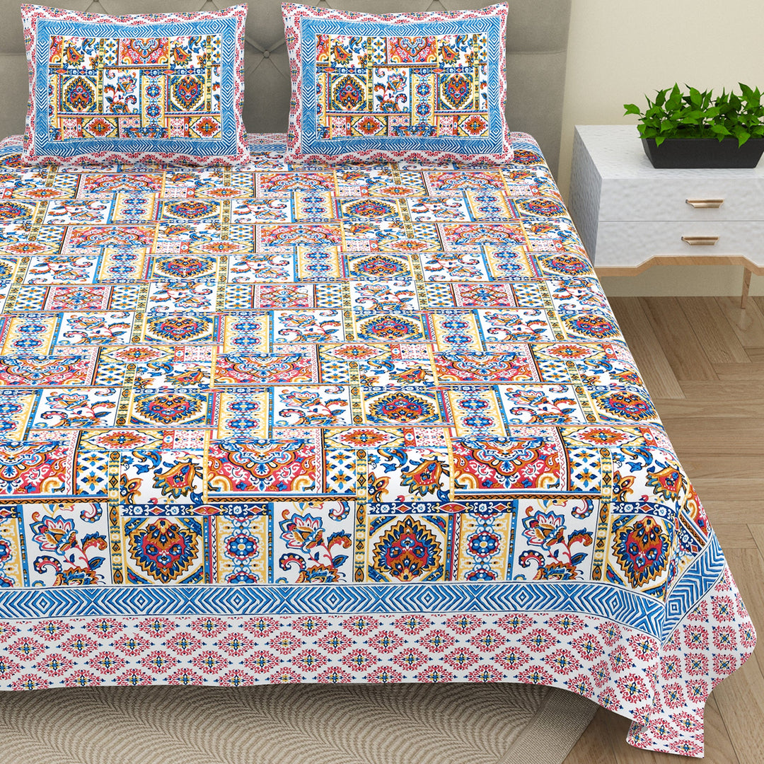 Bella Casa Fashion & Retail Ltd BEDSHEET 87 X 107 Inch / Multi Colour / Cotton Double King Size Bedsheet with 2 Pillow Covers Cotton Multi Colour - Ethnic Collection