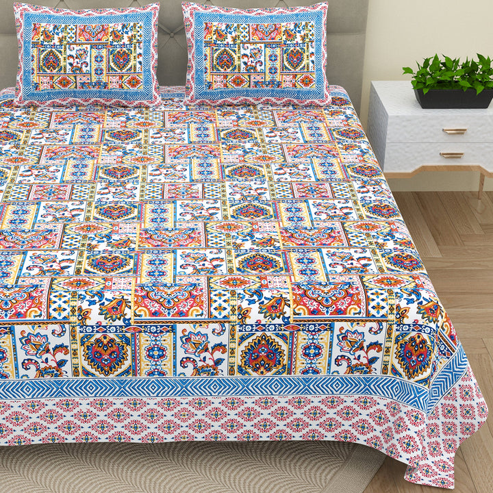 Bella Casa Fashion & Retail Ltd BEDSHEET 87 X 107 Inch / Multi Colour / Cotton Double King Size Bedsheet with 2 Pillow Covers Cotton Multi Colour - Ethnic Collection