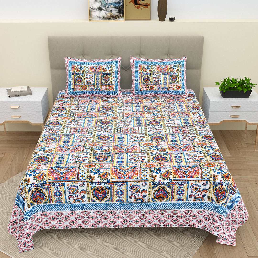 Bella Casa Fashion & Retail Ltd BEDSHEET 87 X 107 Inch / Multi Colour / Cotton Double King Size Bedsheet with 2 Pillow Covers Cotton Multi Colour - Ethnic Collection