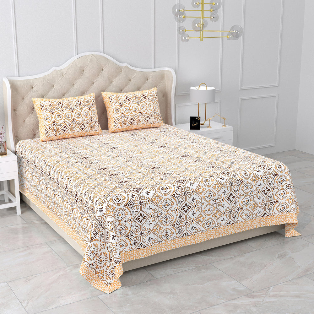 Double King Size Bedsheet with 2 Pillow Covers Cotton Beige Brown Colour - Ethnic Collection