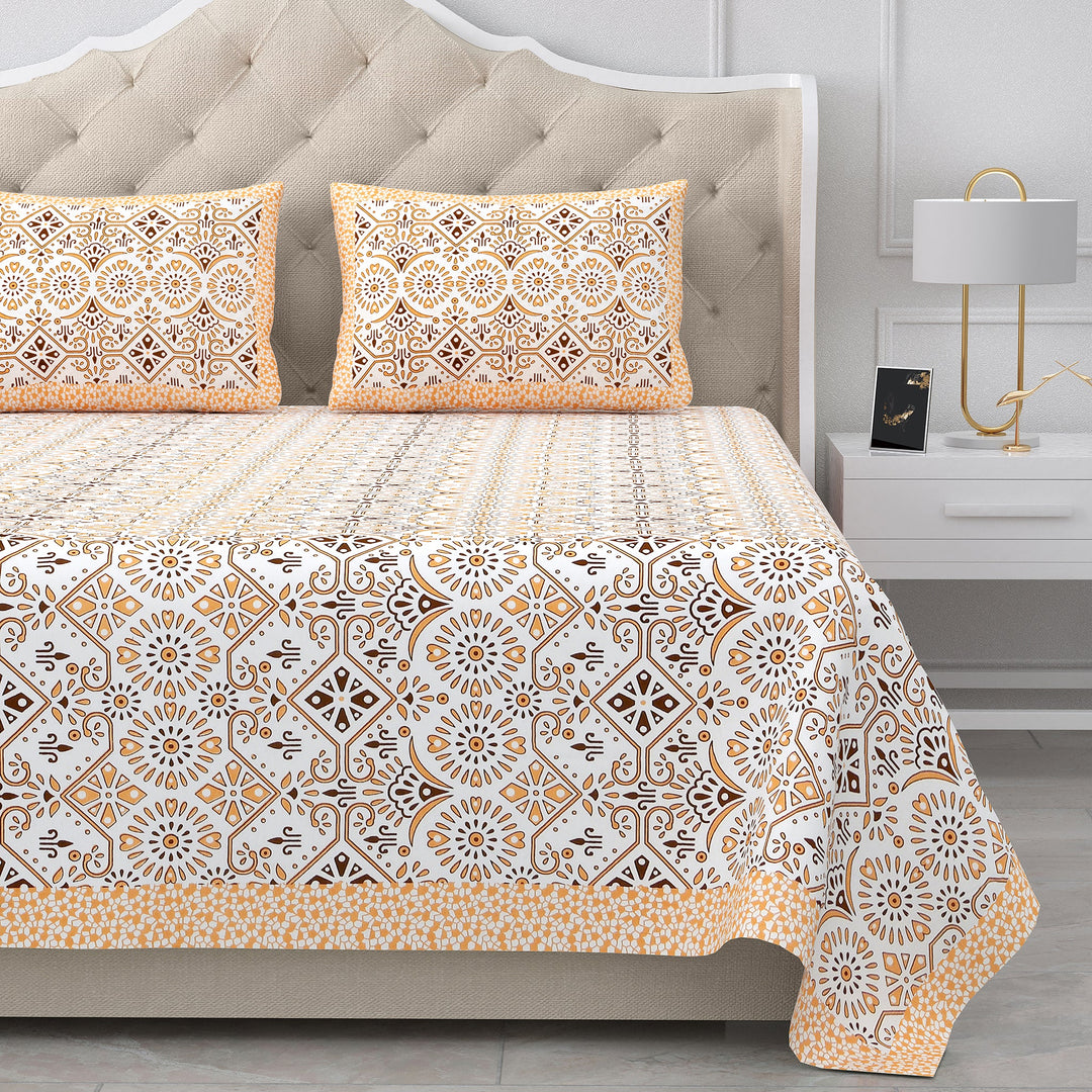 Bella Casa Fashion & Retail Ltd BEDSHEET 87 X 107 Inch / Multi / Cotton Double King Size Bedsheet with 2 Pillow Covers Cotton Beige Brown Colour - Ethnic Collection