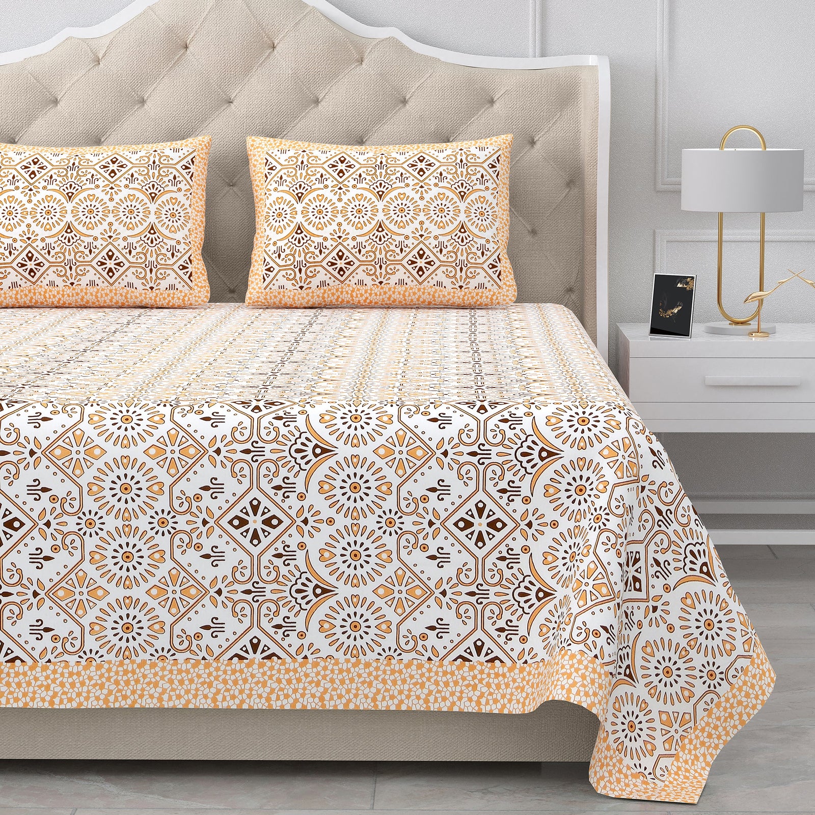 Bella Casa Fashion & Retail Ltd BEDSHEET 87 X 107 Inch / Multi / Cotton Double King Size Bedsheet with 2 Pillow Covers Cotton Beige Brown Colour - Ethnic Collection