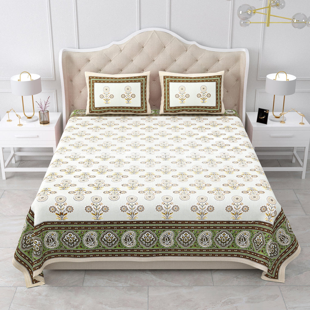 Bella Casa Fashion & Retail Ltd BEDSHEET 87 X 107 Inch / Multi / Cotton Double King Size Bedsheet with 2 Pillow Covers Cotton Brown Multi Colour - Ethnic Collection