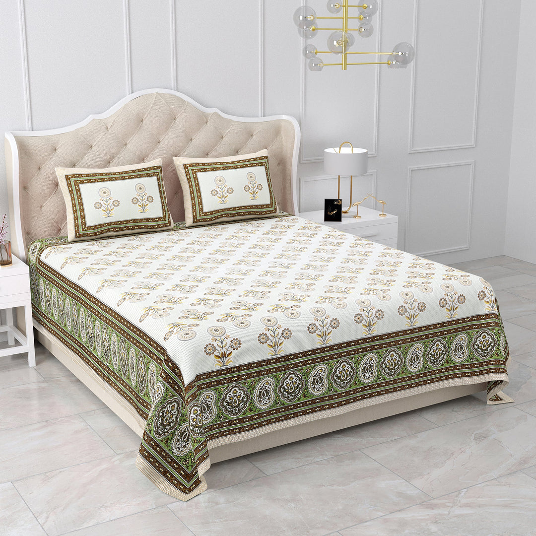 Bella Casa Fashion & Retail Ltd BEDSHEET 87 X 107 Inch / Multi / Cotton Double King Size Bedsheet with 2 Pillow Covers Cotton Brown Multi Colour - Ethnic Collection