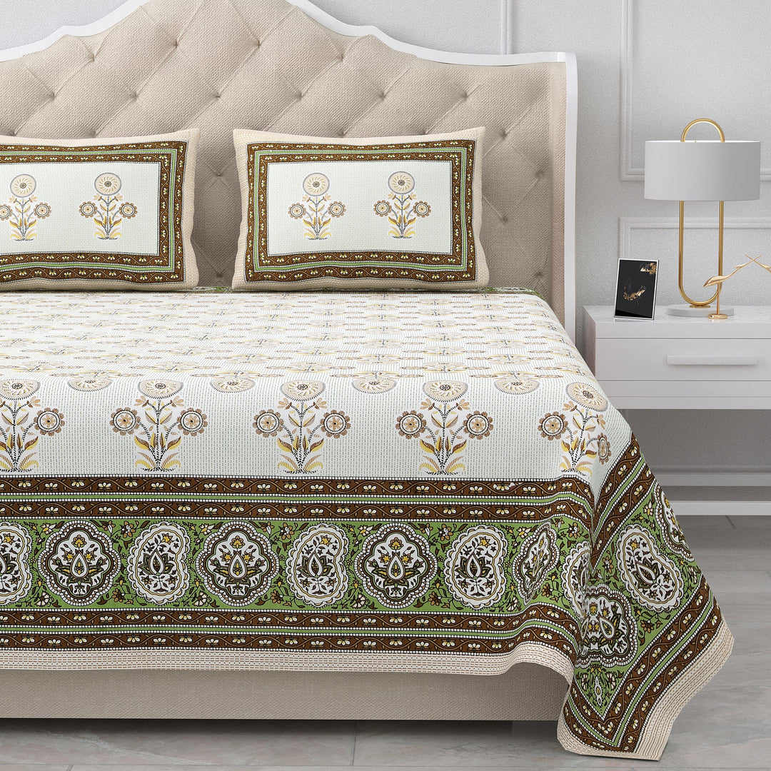 Double King Size Bedsheet with 2 Pillow Covers Cotton Brown Multi Colour - Ethnic Collection