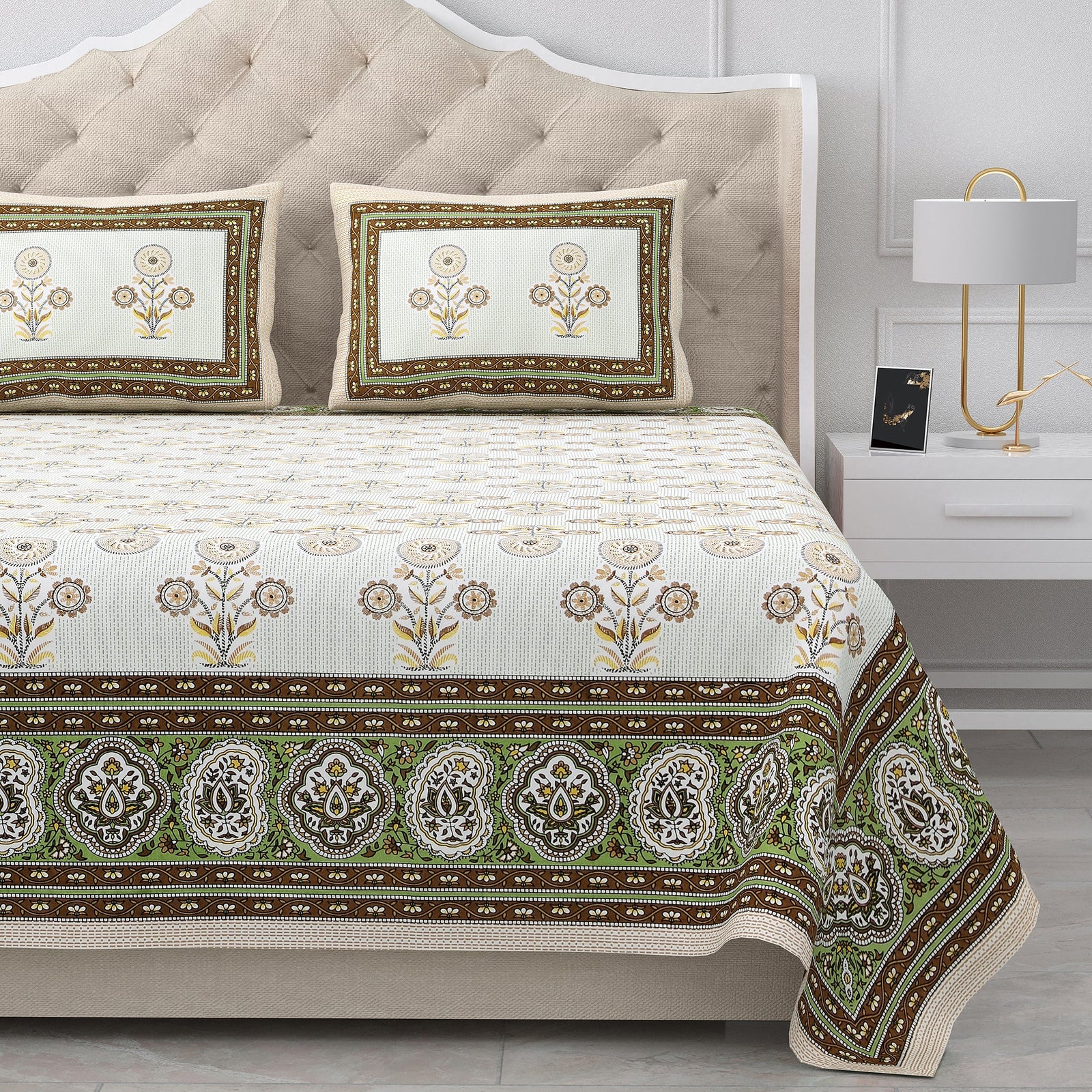 Bella Casa Fashion & Retail Ltd BEDSHEET 87 X 107 Inch / Multi / Cotton Double King Size Bedsheet with 2 Pillow Covers Cotton Brown Multi Colour - Ethnic Collection