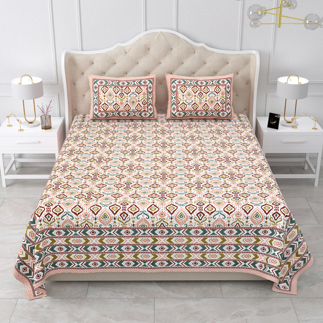 Bella Casa Fashion & Retail Ltd BEDSHEET 87 X 107 Inch / Multi / Cotton Double King Size Bedsheet with 2 Pillow Covers Cotton Multi Colour - Ethnic Collection