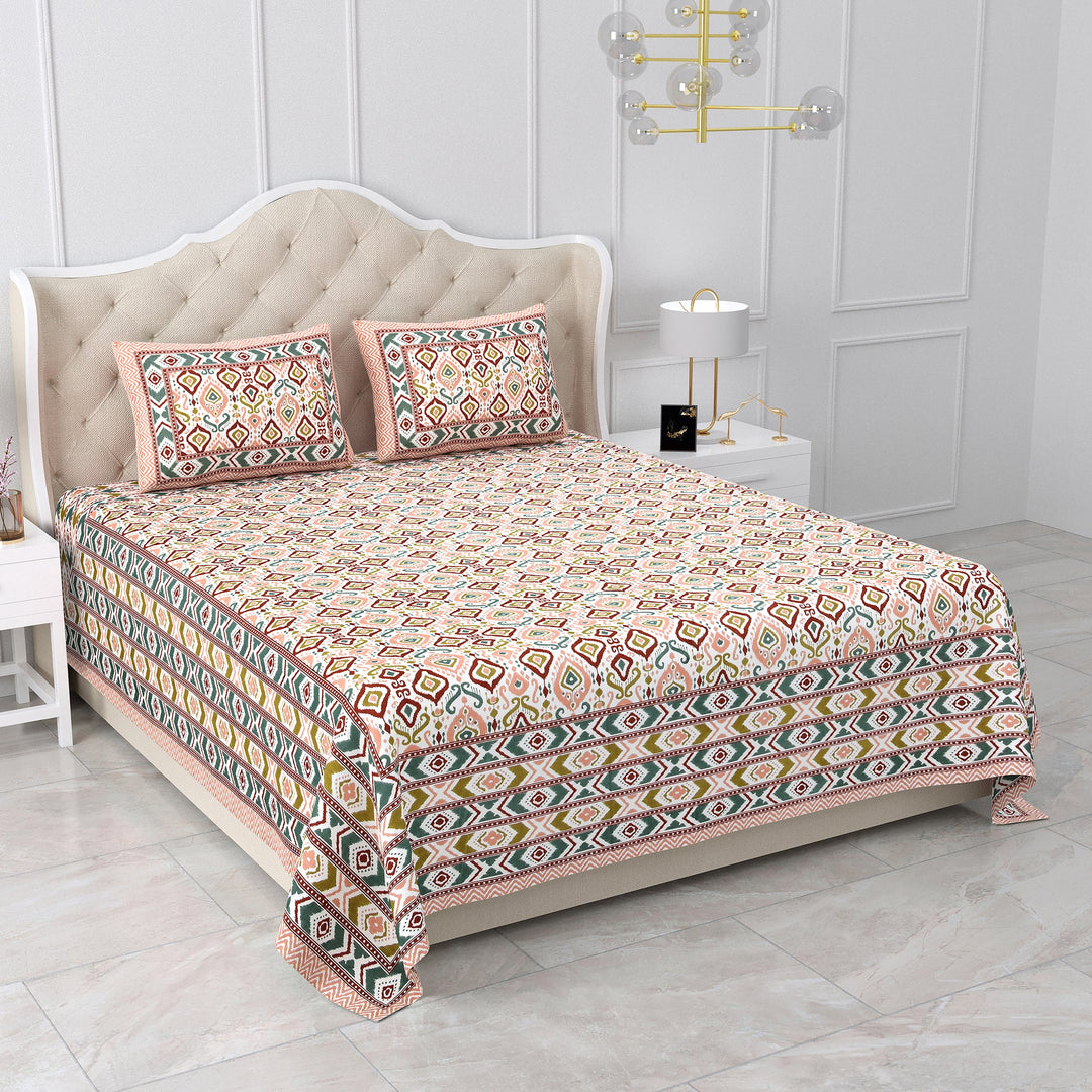 Double King Size Bedsheet with 2 Pillow Covers Cotton Multi Colour - Ethnic Collection