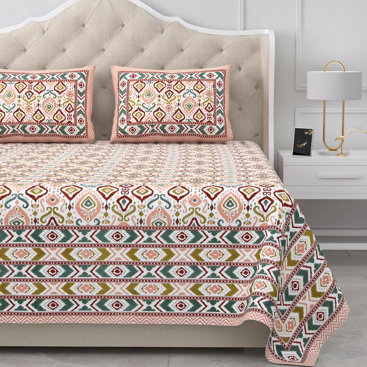 Bella Casa Fashion & Retail Ltd BEDSHEET 87 X 107 Inch / Multi / Cotton Double King Size Bedsheet with 2 Pillow Covers Cotton Multi Colour - Ethnic Collection