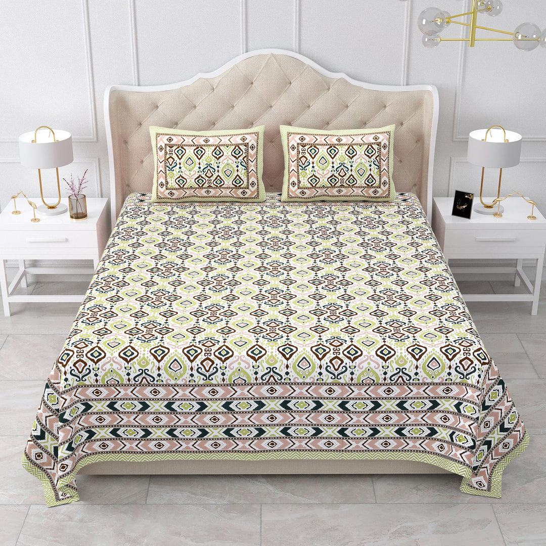 Bella Casa Fashion & Retail Ltd BEDSHEET 87 X 107 Inch / Multi / Cotton Double King Size Bedsheet with 2 Pillow Covers Cotton Yellow Multi Colour - Ethnic Collection