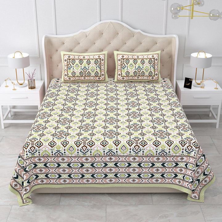 Bella Casa Fashion & Retail Ltd BEDSHEET 87 X 107 Inch / Multi / Cotton Double King Size Bedsheet with 2 Pillow Covers Cotton Yellow Multi Colour - Ethnic Collection