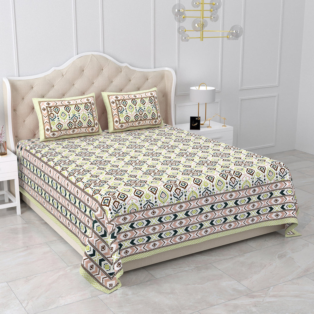 Double King Size Bedsheet with 2 Pillow Covers Cotton Yellow Multi Colour - Ethnic Collection
