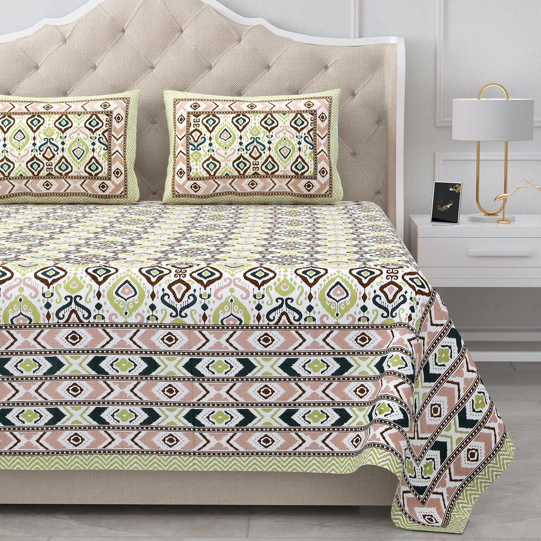 Double King Size Bedsheet with 2 Pillow Covers Cotton Yellow Multi Colour - Ethnic Collection