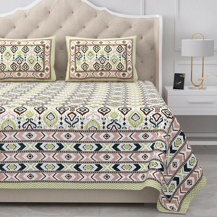 Bella Casa Fashion & Retail Ltd BEDSHEET 87 X 107 Inch / Multi / Cotton Double King Size Bedsheet with 2 Pillow Covers Cotton Yellow Multi Colour - Ethnic Collection