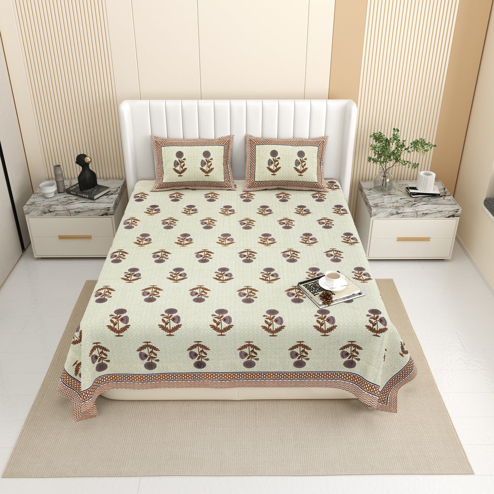 Bella Casa Fashion & Retail Ltd BEDSHEET 87 X 107 Inch / Multi / Cotton Double King Size Bedsheet with 2 Pillow Covers Floral Motifs Printed Cotton Multi Colour - Ethnic Collection