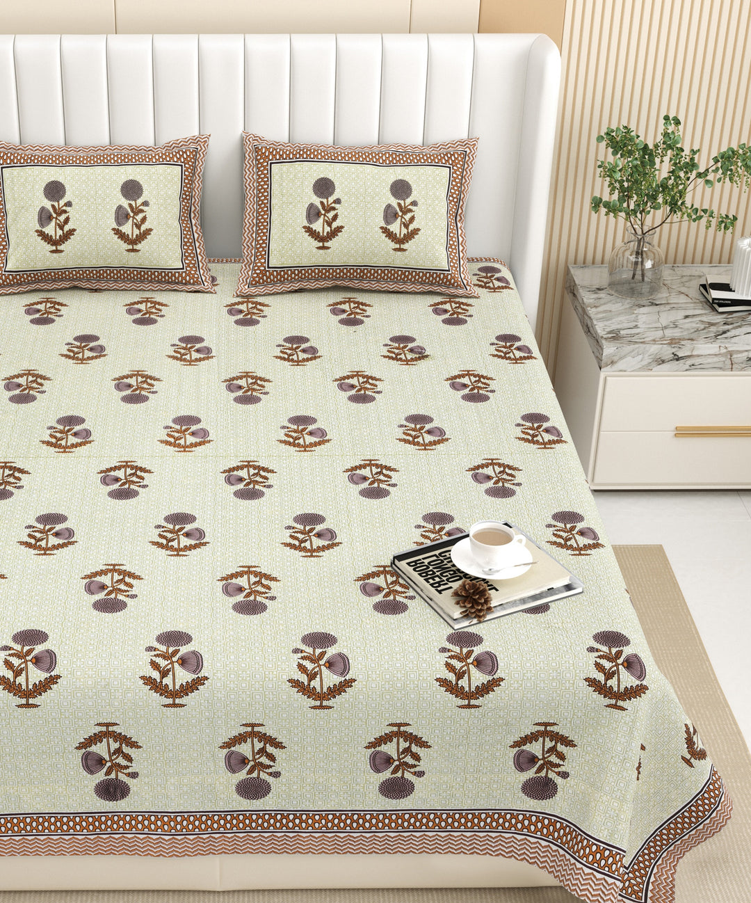 Bella Casa Fashion & Retail Ltd BEDSHEET 87 X 107 Inch / Multi / Cotton Double King Size Bedsheet with 2 Pillow Covers Floral Motifs Printed Cotton Multi Colour - Ethnic Collection